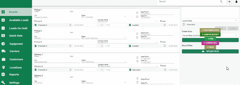 Uploading files option through a Load dashboard of the transport and logistics management system