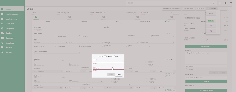 This is how a broker issues a voucher for a driver through the Transportation Management System in one click