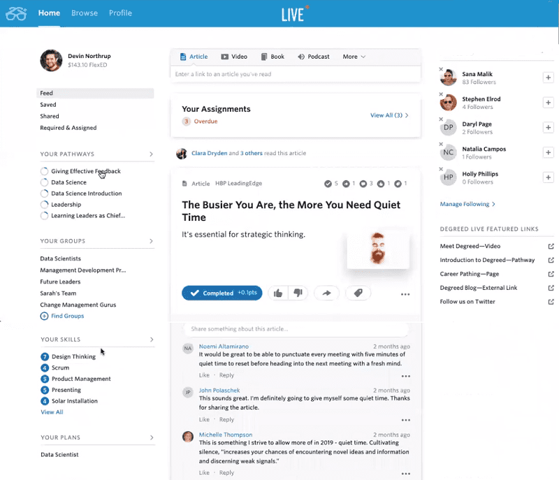 An example of a learner profile in the LXP, illustrating Your Plan that has been assigned to master the necessary skills and Your Assignments