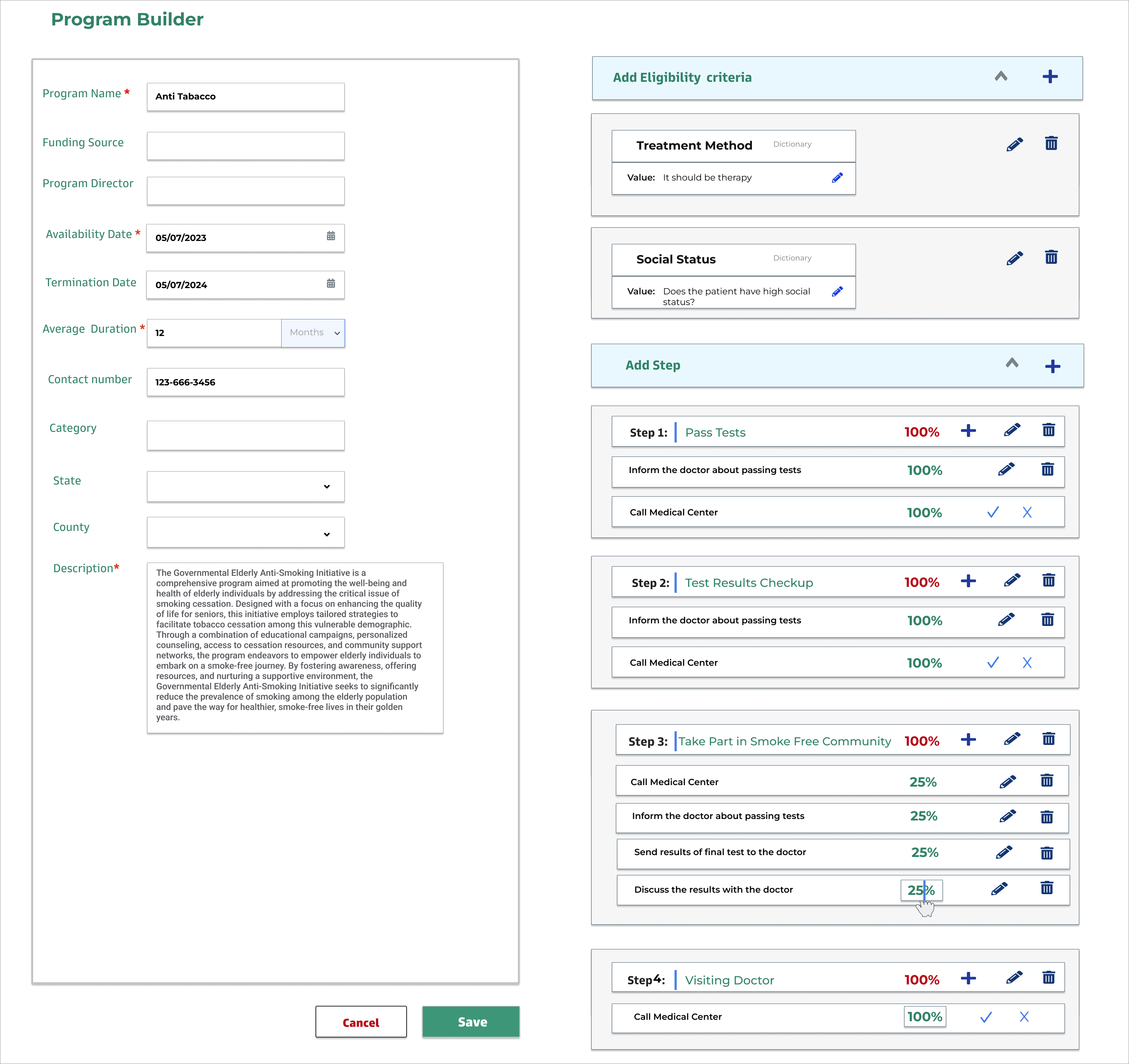 The dashboard for creating a new treatment program with retaliation of steps, terms, etc.