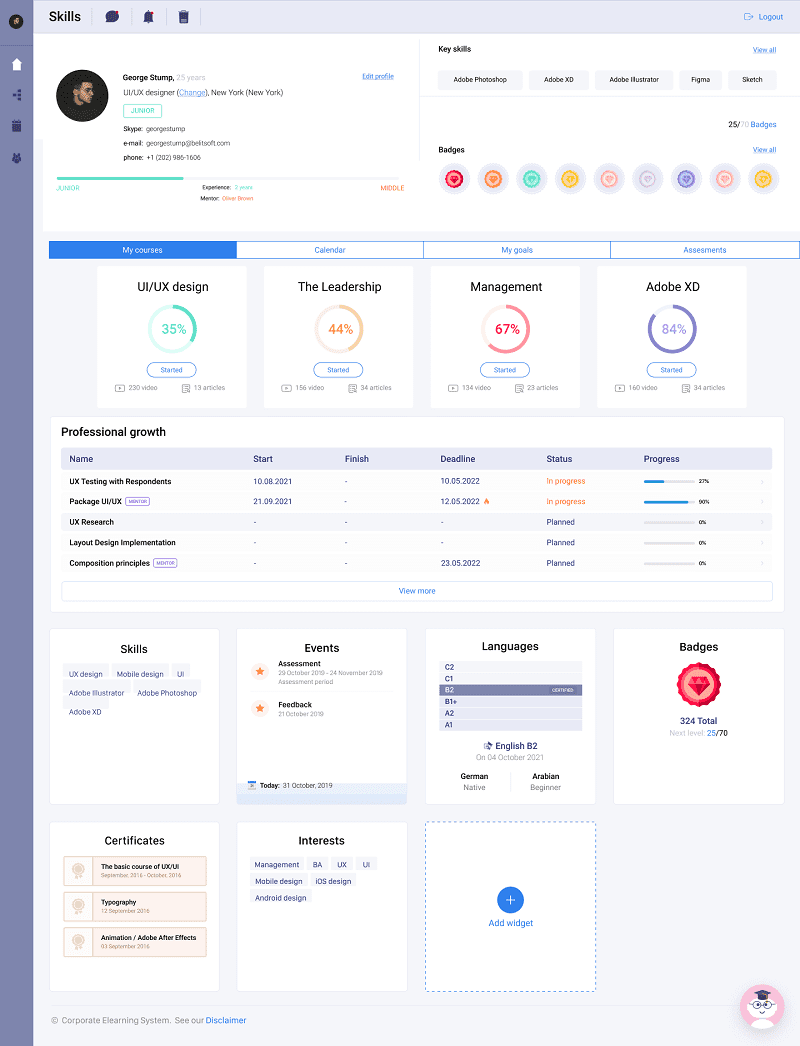 The dashboard illustrates an example of an individual learning path with both internal content (uploaded pptx files) and external content (articles from 3rd-party sources, Udemy course)