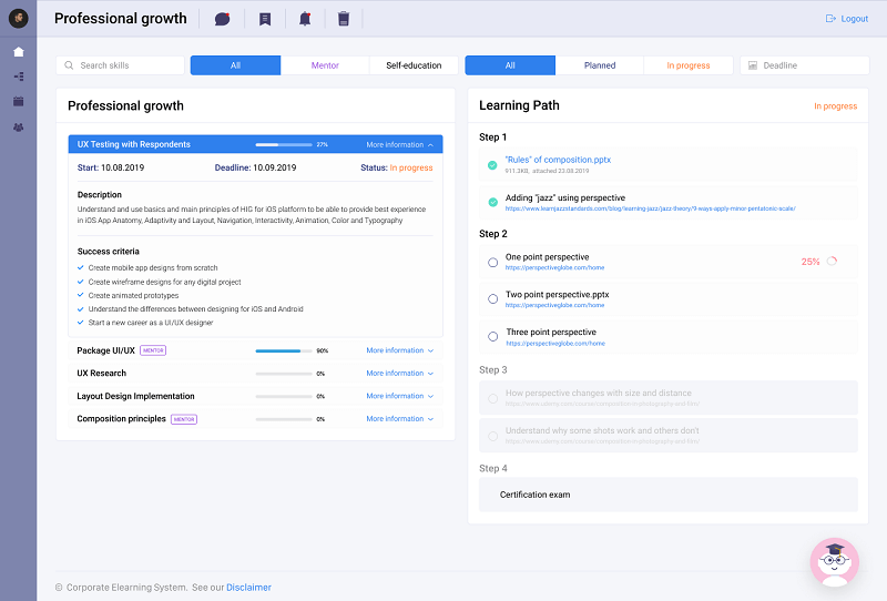 A personal profile, where an employee can track their current progress, see all the actual courses with deadlines, progress status, received certificates, and other details