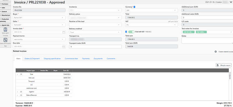 The agent's account history with order details and costs