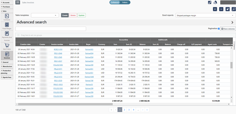 The report example reflects all the invoices for a certain customer with order dates, paid sums, debts, and other details